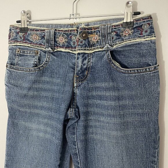 Bohemian Flared Jeans Womens 25/30 Blue Denim Embroidered Lace Hippie Boho 90s - Picture 3 of 11
